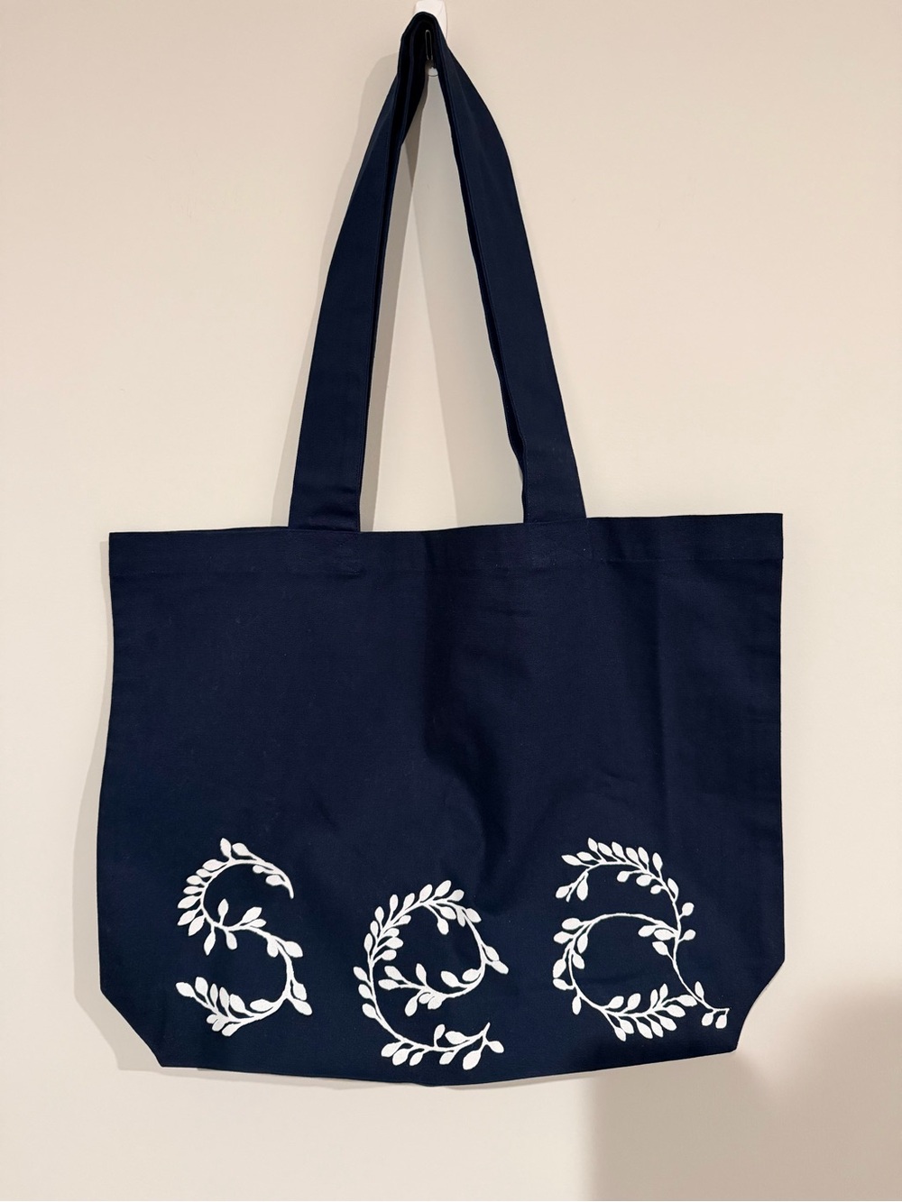 Sea New York Navy Blue Tote Bag with White Leaf Script